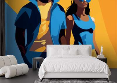 Vector illustration advertising poster man and woman sportswoman athlete woman man in sportswear advertising cover sports sportswear flat style Wall mural