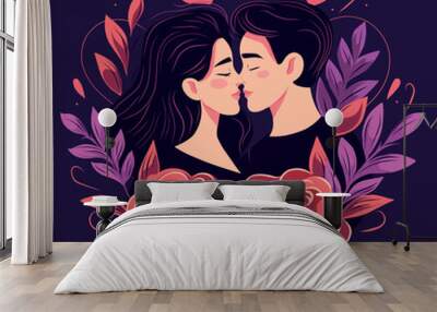 Vector illustration of Valentine's Day, beautiful guy and girl hugging, kissing, love, hearts, on a background of flowers. Holiday concept on dark background Wall mural