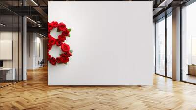 Banner with number eight made from red rose flowers on a white background. Concept template for holiday card, women's day, spring holidays with place for text Wall mural