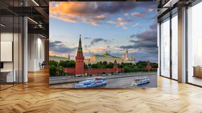 Moscow Kremlin, Kremlin Embankment and Moscow River in Moscow, Russia. Architecture and landmark of Moscow Wall mural