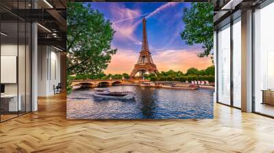 Paris Eiffel Tower and river Seine at sunset in Paris, France. Eiffel Tower is one of the most iconic landmarks of Paris. Wall mural