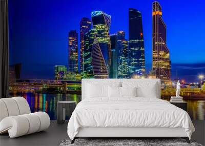 Skyscrapers of Moscow City business center and Moscow river in Moscow at night, Russia Wall mural