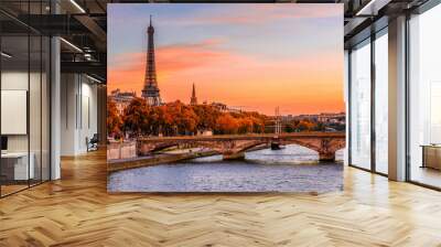 Sunset view of Eiffel tower and Seine river in Paris, France. Autumn Paris Wall mural