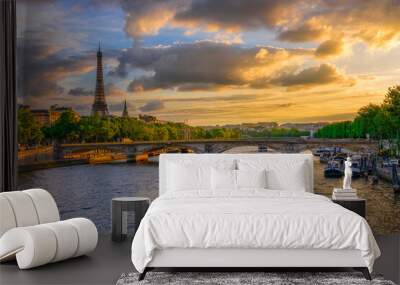 Sunset view of Eiffel tower and Seine river in Paris, France. Eiffel Tower is one of the most iconic landmarks of Paris. Cityscape of Paris Wall mural