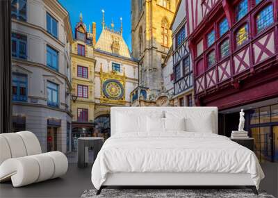 The Gros-Horloge (Great-Clock) is a fourteenth-century astronomical clock in Rouen, Normandy, France. Architecture and landmarks of Rouen. Cozy cityscape of Rouen Wall mural