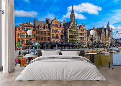 View of Graslei quay and Leie river in the historic city center in Ghent (Gent), Belgium. Architecture and landmark of Ghent. Cityscape of Ghent. Wall mural