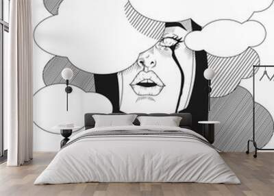 black and white illustration of a sad crying girl whose head is hidden in the clouds Wall mural