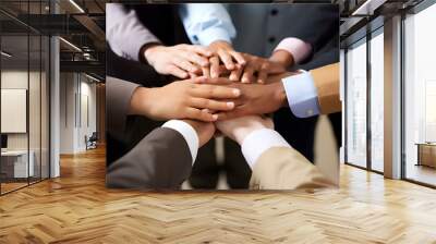 business people making pile of hands. Panoramic Teamwork, empathy, partnership and Social connection in business join hand together concept. Hand of diverse people connecting. Stack of people hand Wall mural