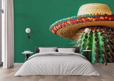 Cactus wearing traditional mexican sombrero hat on green background. Banner template Cinco de Mayo holiday, Viva Mexico, traditional latin holiday, fiesta creative concept with space for text Wall mural