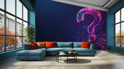 An abstract pink and blue neon banner with a question mark. Technology, science concept. Horizontal image with copy space. Wall mural