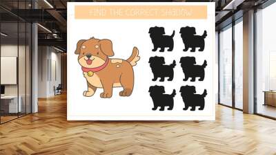 Find the correct shadow game with a dog. Educational game for children. Cute cartoon puppy. Shadow matching game. Wall mural