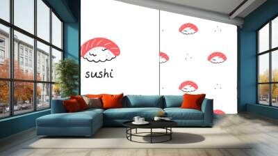 Seamless pattern with salmon sushi rolls and a postcard with sushi text. Vector illustration of Asian cuisine. Wall mural