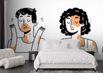 Set of different young people with vitiligo. Collection of characters in linear doodle style with vitiligo spots. Vector illustration. Wall mural