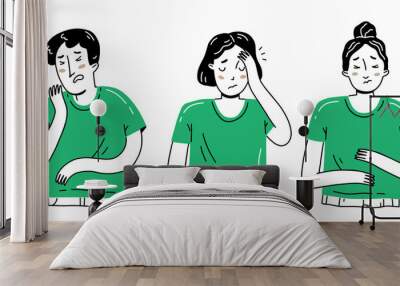 Simple doodle style set with sick people. The man is coughing, his head hurts, his stomach hurts. Vector illustration with characters. Wall mural