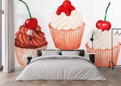 Cherry Cupcakes set. Watercolor vector illustration. Isolated on a white background. Wall mural