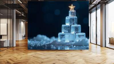 Christmas minimal concept -  creative Christmas tree made of ice cubes on dark bokeh background Wall mural