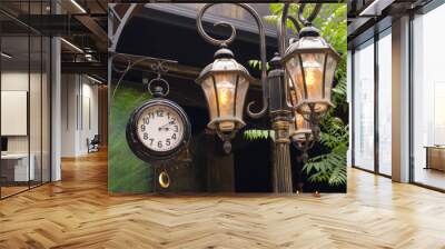 clock with three lit lanterns Wall mural