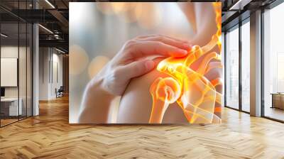 Close-up of a person experiencing shoulder pain, emphasized by a glowing medical illustration, representing joint discomfort from prolonged office work Wall mural