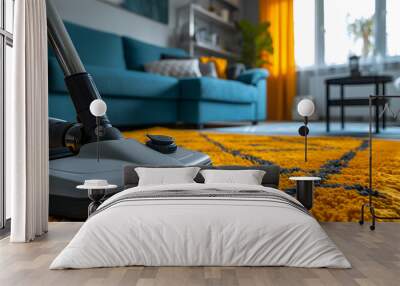 Close-up of vacuum cleaner on yellow rug in modern living room. Home cleaning and interior design concept with copy space Wall mural