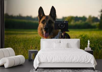 Concept pets look like people. Dog professional photographer with vintage film photo camera on tripod. German Shepherd in green grass at sunset in summer. Dog wears white bandana with paws. Wall mural