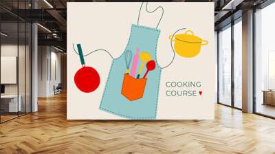 Cooking course. Kitchen tools banner in doodle style. Background with hand drawn dishes. Vector poster with cutlery. Cooking classes poster. Wall mural