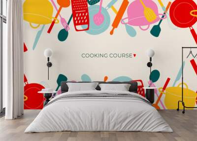 Cooking course. Kitchen tools horizontal banner in doodle style. Background with hand drawn dishes. Vector poster with cutlery. Cooking classes poster. Wall mural