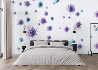 Covid, purple respiratory virus molecule, on white background, in the air. Banner template 3d seasonal flu, rotavirus, pandemic and epidemic formation, advertising and news Wall mural