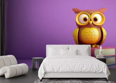 cute owl character sitting on a stack of books, children's education concept Wall mural