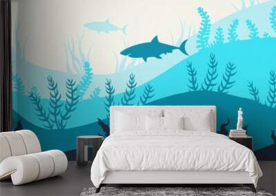 deep blue ocean underwater world life shark hand-drawn digital illustration Wall mural