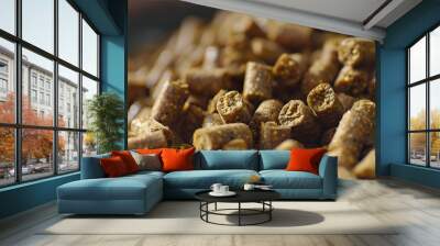 Detailed close-up view of cylindrical animal feed pellets, highlighting texture and composition for livestock nutrition Wall mural