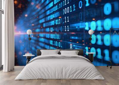 Digital binary code data stream. Panoramic blue cyber technology background. Concept for cybersecurity, encryption, and information technology banner or header design Wall mural