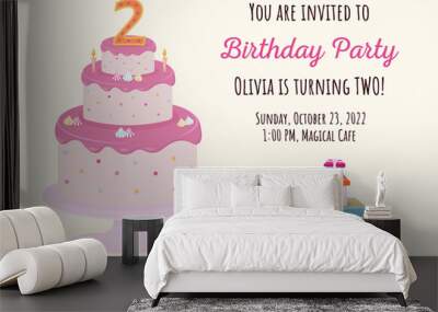 Cute birthday cake and gifts. Birthday invitation for girl. 2 years. Wall mural