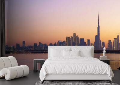 amazing sunset view of Dubai Downtown cityline from Dubai Creek Wall mural