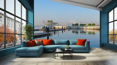 early morning view of the Dubai skyline in UAE from Dubai creek Harbour marina Wall mural