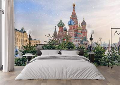 panorama of New Year's decoration in the center of Moscow on Red Square. Holiday decorations in the city Wall mural