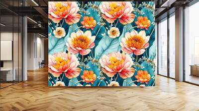 Elegant floral pattern design with large flowers and teal background Wall mural