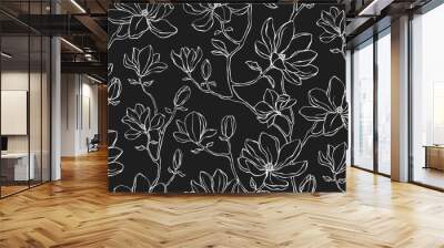 Elegant floral seamless pattern - branches with magnolia flowers. Black and white repeat print with delicate petals. Simple line minimalism. Wall mural