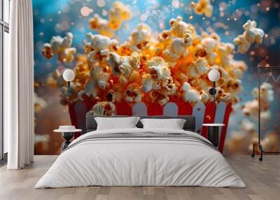 Exploding popcorn in a striped red and white container. Dynamic close-up shot with a cinematic and entertainment concept for movie night promotions and snack advertisements Wall mural