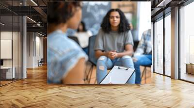 Family therapy session in progress with therapist holding notebook and two participants attentively listening the importance of communication and support in family relationships Wall mural