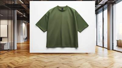 Fashionable oversized green khaki T-shirt on a white background. Mockup presentation and advertising of the brand, merch and clothing stores. Showroom sale and quality products Wall mural