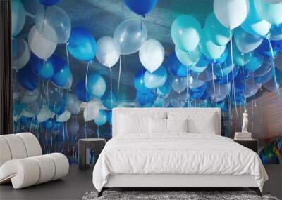 Festive decorated selling with blue tone helium balloons, birthday party Wall mural