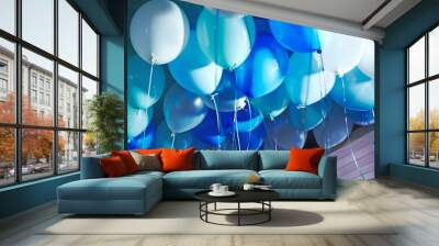 Festive decorated selling with blue tone helium balloons, birthday party Wall mural