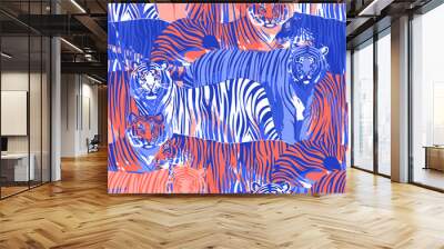 Graphic seamless pattern of standing and walking tigers. Wall mural