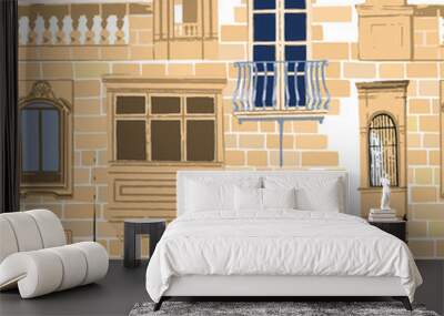 Maltese balconies and windows with various decorations and colors over the stone brick walls Wall mural