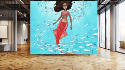 Watercolor african mermaid swimming under the ocean surface among the school of fish Wall mural