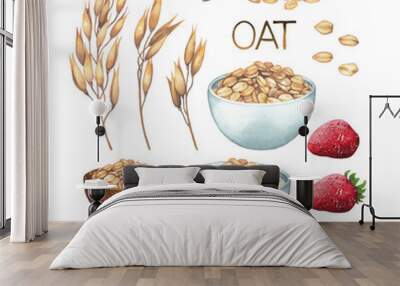 Watercolor collection of cereals, bowls, spoon and handful of oats, strawberries. Wall mural