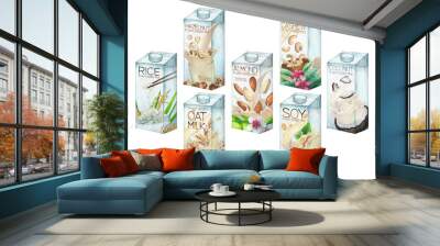 Watercolor collection of plant based milk in cartons with various package design. Wall mural