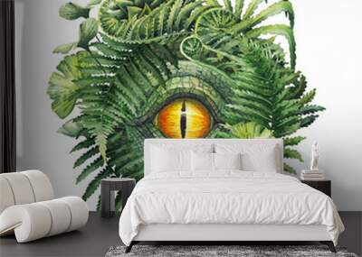 Watercolor dinosaur eye and prehistoric plants Wall mural