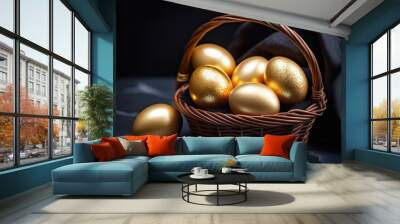 Golden eggs nestled in a dark wicker basket on a black background, symbolizing wealth and prosperity. Easter concept, easter eggs. Banner Wall mural