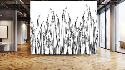 Grass Vector seamless Border. Hand drawn black and white background. Field plant sketch. Outline drawing of green meadow. Weeds line art illustration. For bordering cards and wall art stickers Wall mural